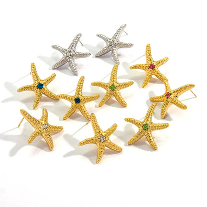 1 Pair IG Style Marine Style Tropical Starfish Polishing Plating Inlay 304 Stainless Steel Rhinestones 14K Gold Plated Ear Studs