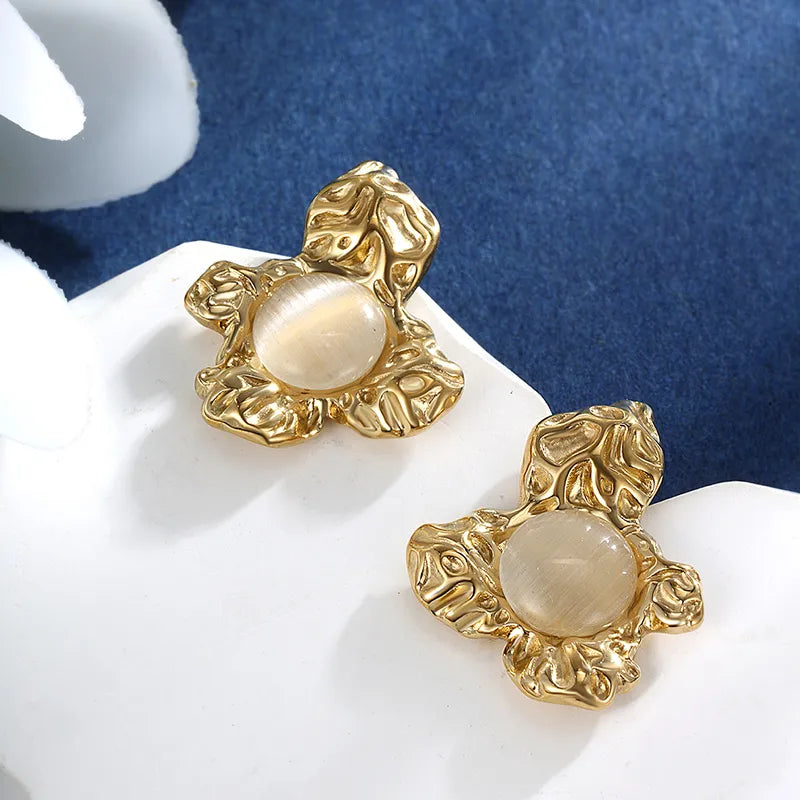 1 Pair IG Style Modern Style Geometric Flower Plating Inlay 304 Stainless Steel Artificial Gemstones 14K Gold Plated Ear Studs