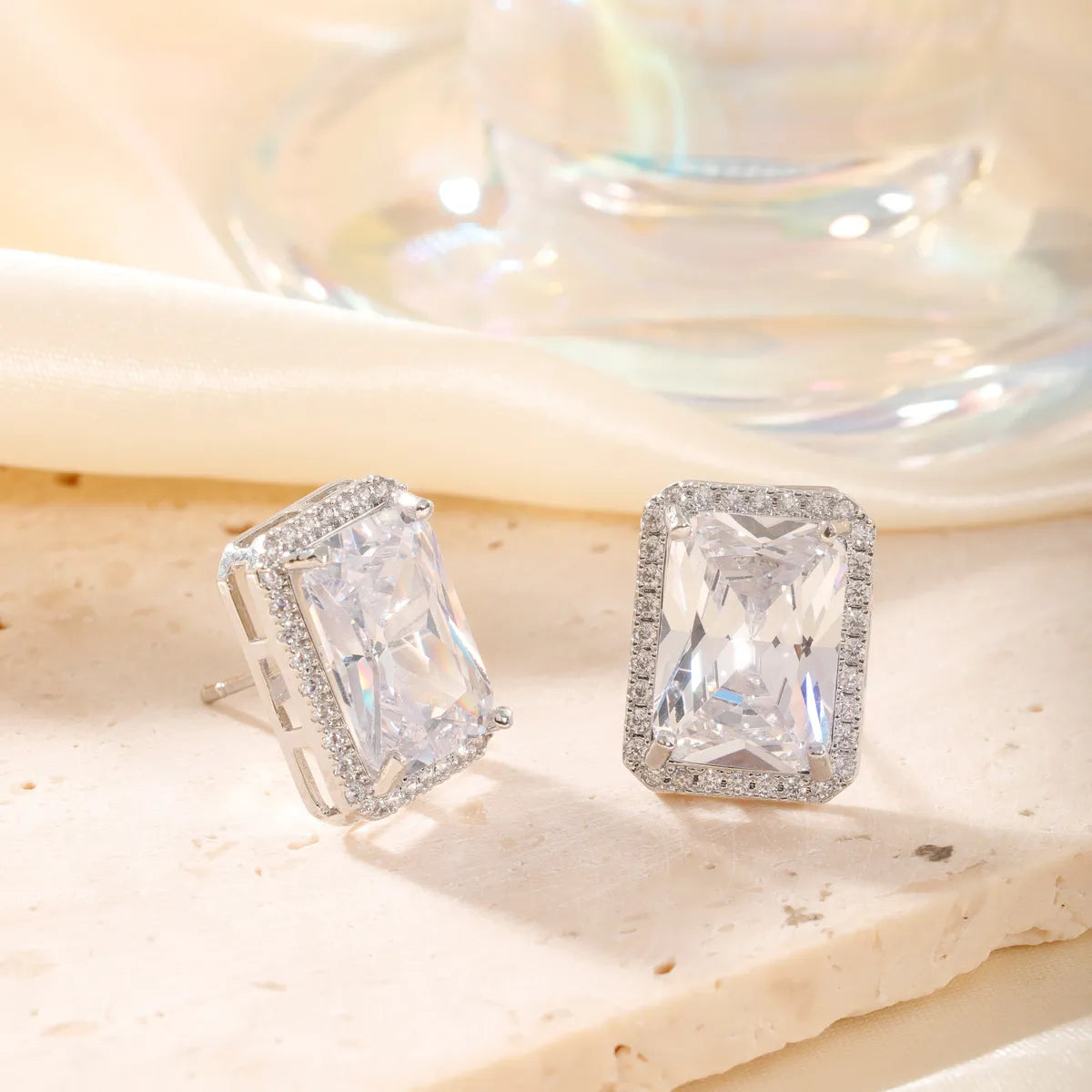 1 Pair IG Style Modern Style Korean Style Square Inlay Copper Zircon Rhodium Plated Ear Studs