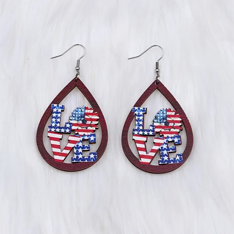 1 Pair IG Style Modern Style Letter Water Droplets American Flag Wood Drop Earrings