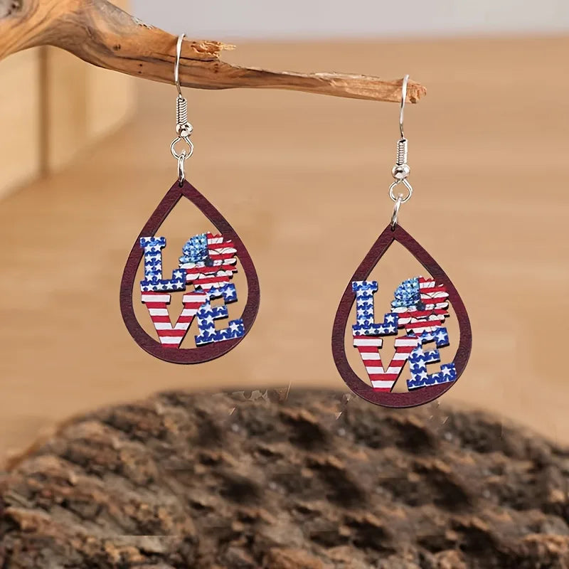 1 Pair IG Style Modern Style Letter Water Droplets American Flag Wood Drop Earrings