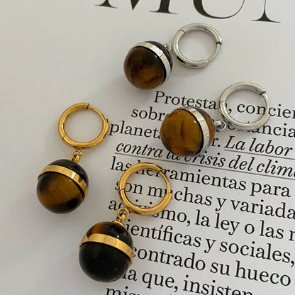 1 Pair IG Style Modern Style Round Plating Inlay 304 Stainless Steel Tiger Eye 16K Gold Plated White Gold Plated Gold Plated Drop Earrings