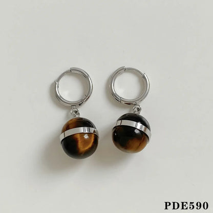 1 Pair IG Style Modern Style Round Plating Inlay 304 Stainless Steel Tiger Eye 16K Gold Plated White Gold Plated Gold Plated Drop Earrings