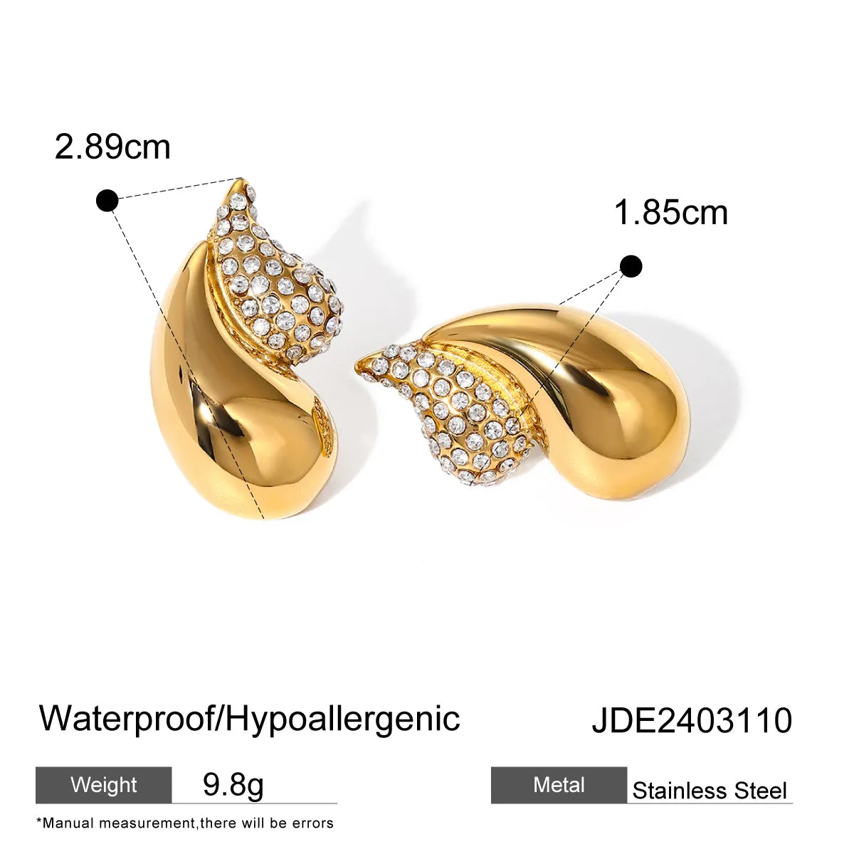 1 Pair IG Style Modern Style Water Droplets Inlay 316 Stainless Steel  Rhinestones 18K Gold Plated Ear Studs