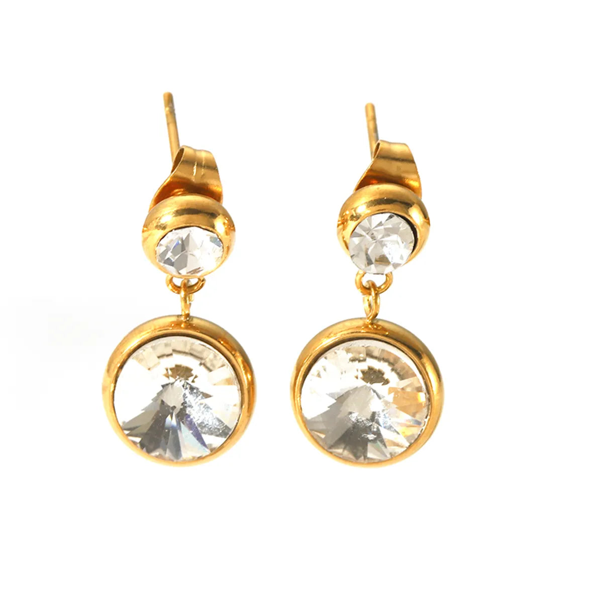 1 Pair IG Style Nordic Style Round Inlay Stainless Steel Rhinestones 18K Gold Plated Drop Earrings