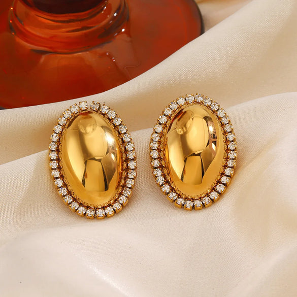 1 Pair IG Style Oval Inlay 304 Stainless Steel Zircon 18K Gold Plated Ear Studs