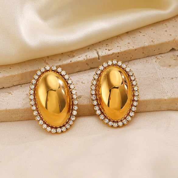 1 Pair IG Style Oval Inlay 304 Stainless Steel Zircon 18K Gold Plated Ear Studs
