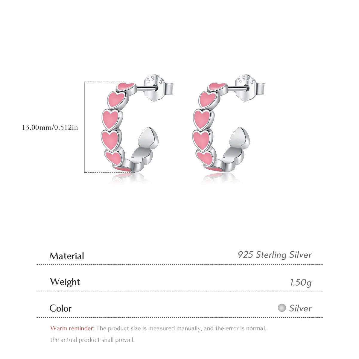 1 Pair IG Style Princess Sweet C Shape Heart Shape Epoxy Plating Sterling Silver Rhodium Plated Ear Studs