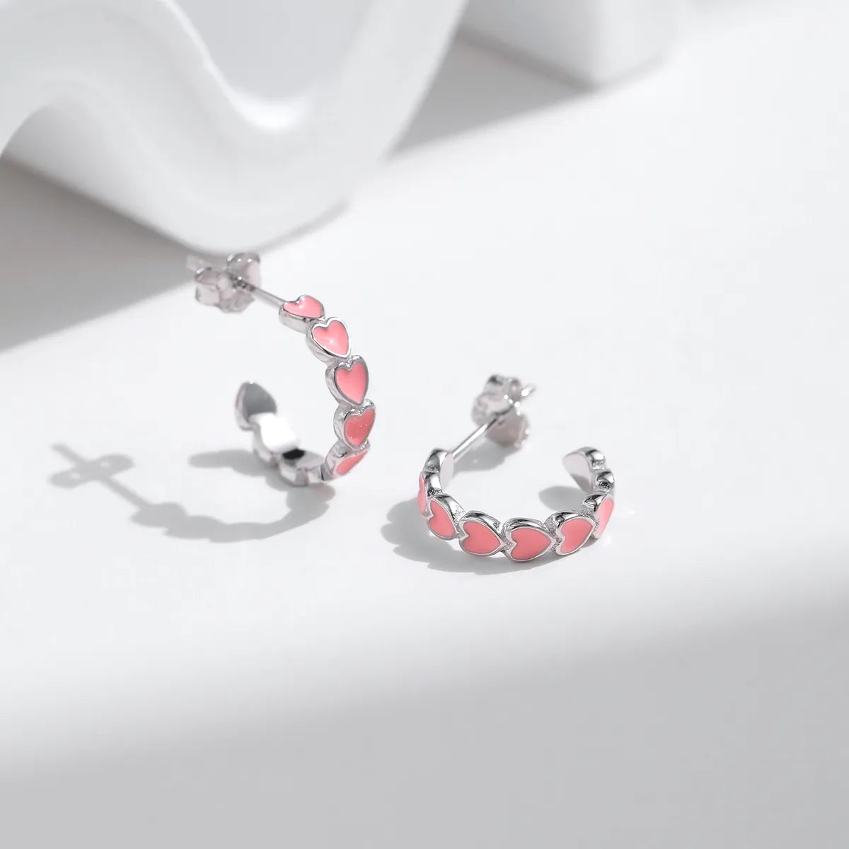 1 Pair IG Style Princess Sweet C Shape Heart Shape Epoxy Plating Sterling Silver Rhodium Plated Ear Studs