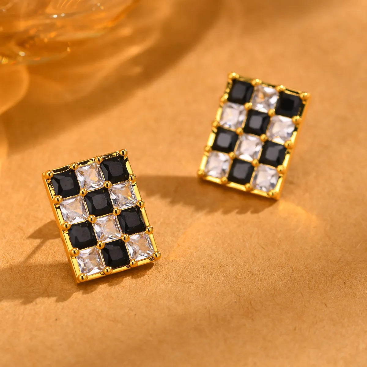 1 Pair IG Style Rectangle Inlay Copper Zircon 18K Gold Plated Ear Studs