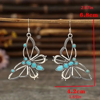 1 Pair IG Style Retro Butterfly Hollow Out Inlay Alloy Turquoise Gold Plated Drop Earrings