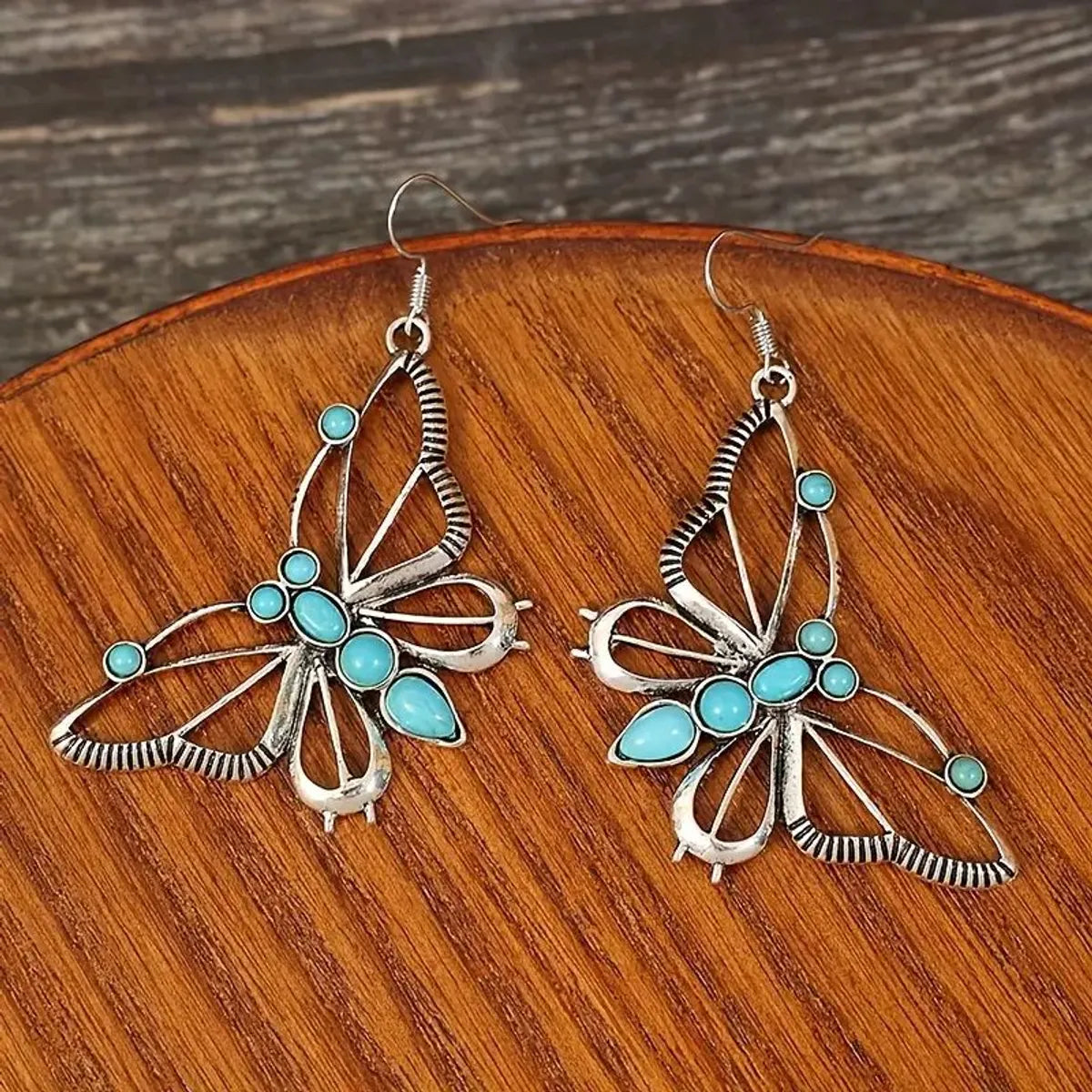 1 Pair IG Style Retro Butterfly Hollow Out Inlay Alloy Turquoise Gold Plated Drop Earrings