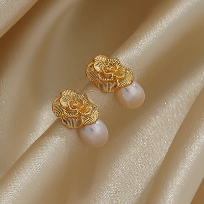 1 Pair Ig Style Retro C Shape Irregular Flower Crystal Pearl Plating Copper 18k Gold Plated Drop Earrings Ear Studs