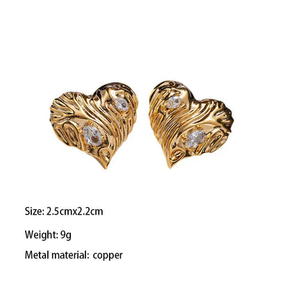 1 Pair IG Style Retro Heart Shape Plating Pleated Inlay Copper Zircon Ear Studs