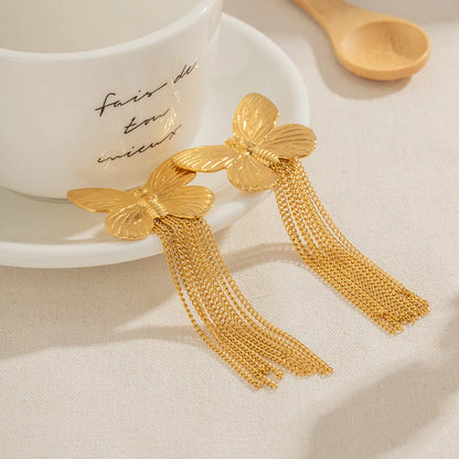 1 Pair Ig Style Retro Modern Style Tassel Butterfly Plating Stainless Steel 18k Gold Plated Drop Earrings