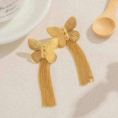 1 Pair Ig Style Retro Modern Style Tassel Butterfly Plating Stainless Steel 18k Gold Plated Drop Earrings