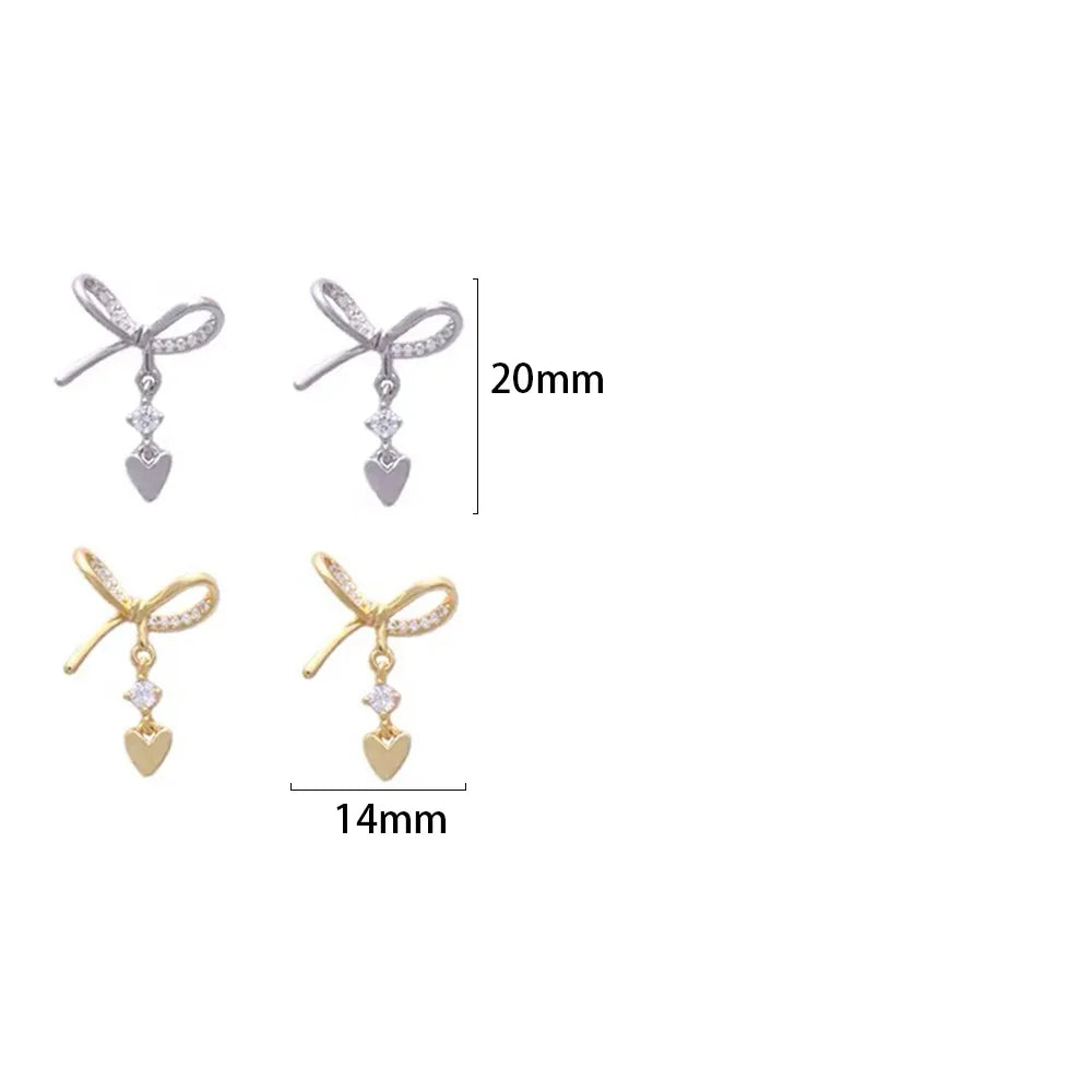 1 Pair IG Style Romantic Sweet Heart Shape Bow Knot Plating Inlay Sterling Silver Zircon Ear Studs