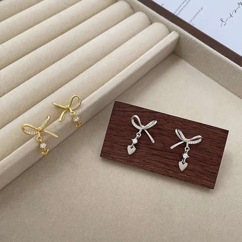 1 Pair IG Style Romantic Sweet Heart Shape Bow Knot Plating Inlay Sterling Silver Zircon Ear Studs