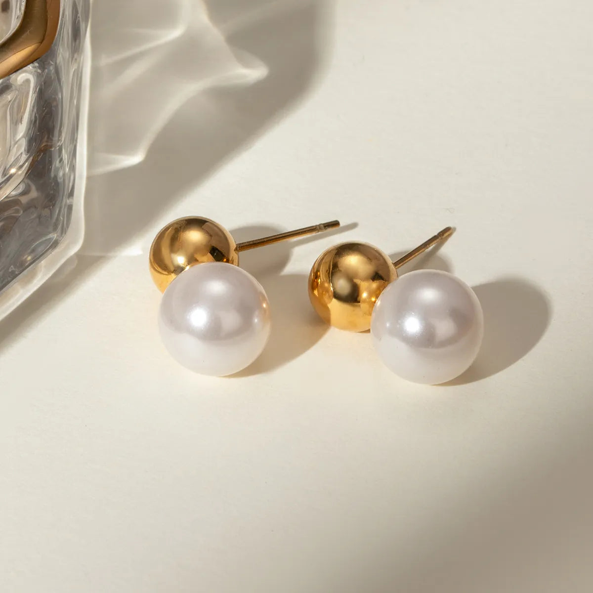 1 Pair IG Style Round Inlay 304 Stainless Steel Artificial Pearls 18K Gold Plated Ear Studs