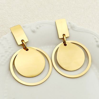 1 Pair IG Style Round Plating 304 Stainless Steel 14K Gold Plated Drop Earrings