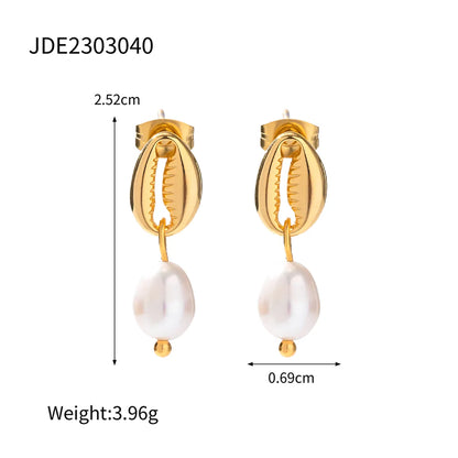 1 Pair IG Style Shell Pearl 304 Stainless Steel 18K Gold Plated Drop Earrings