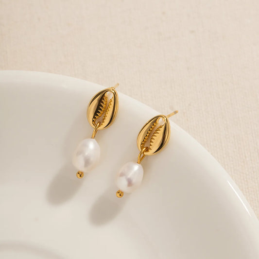 1 Pair IG Style Shell Pearl 304 Stainless Steel 18K Gold Plated Drop Earrings