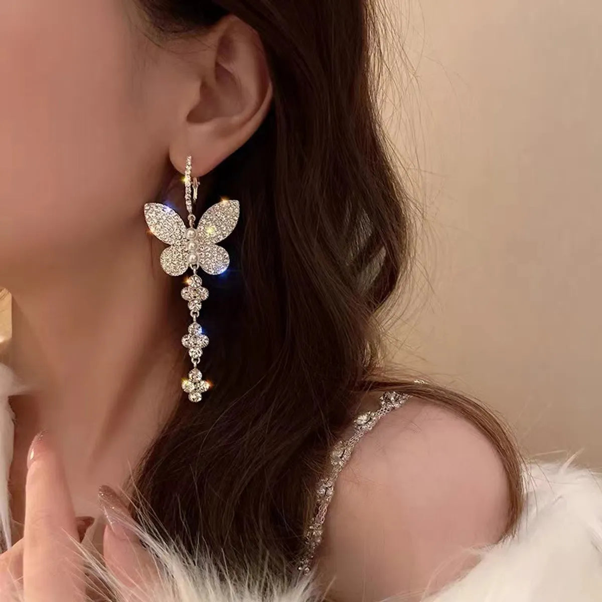 1 Pair Ig Style Shiny Butterfly Inlay Alloy Rhinestones Pearl Drop Earrings