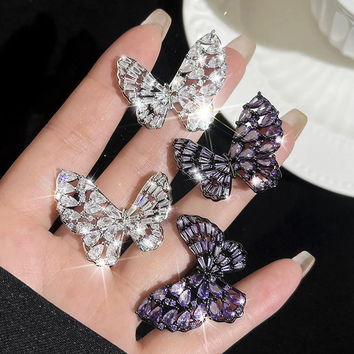 1 Pair Ig Style Shiny Butterfly Plating Hollow Out Inlay Copper Rhinestones Ear Studs