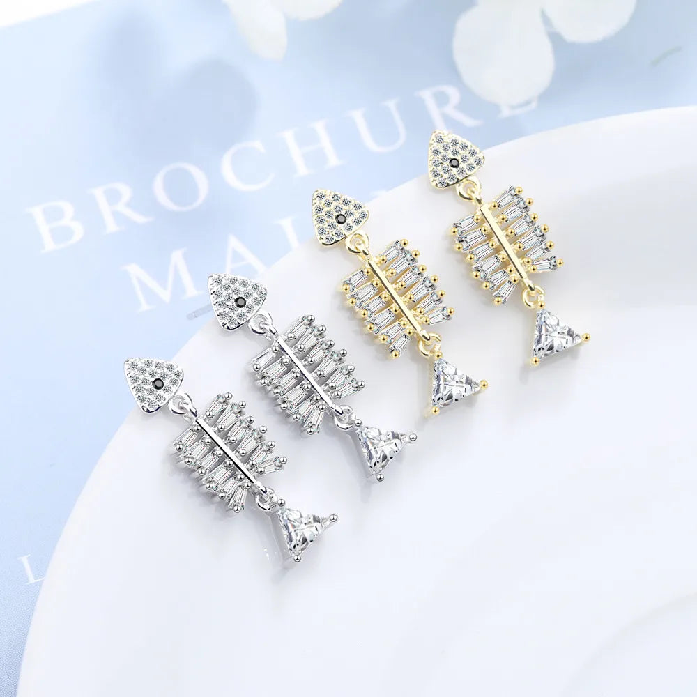 1 Pair IG Style Shiny Fish Bone Inlay Copper Zircon Drop Earrings