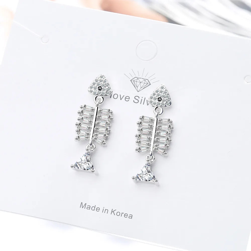 1 Pair IG Style Shiny Fish Bone Inlay Copper Zircon Drop Earrings