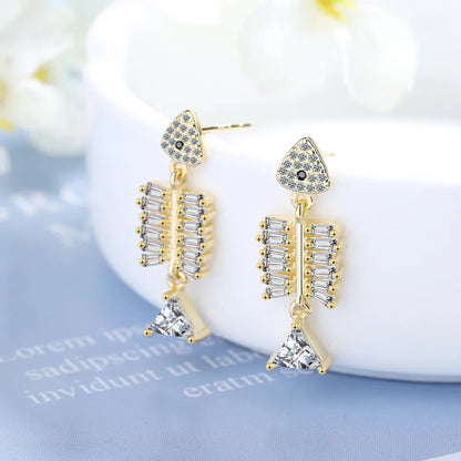 1 Pair IG Style Shiny Fish Bone Inlay Copper Zircon Drop Earrings