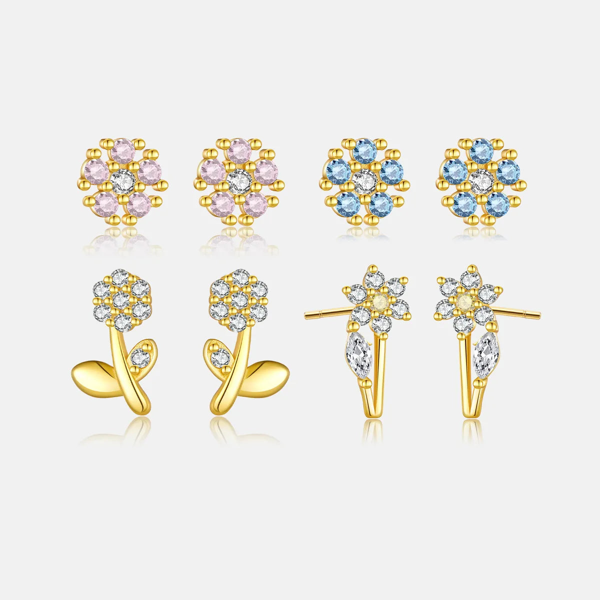 1 Pair IG Style Shiny Flower Plating Inlay Sterling Silver Zircon 18K Gold Plated Ear Studs