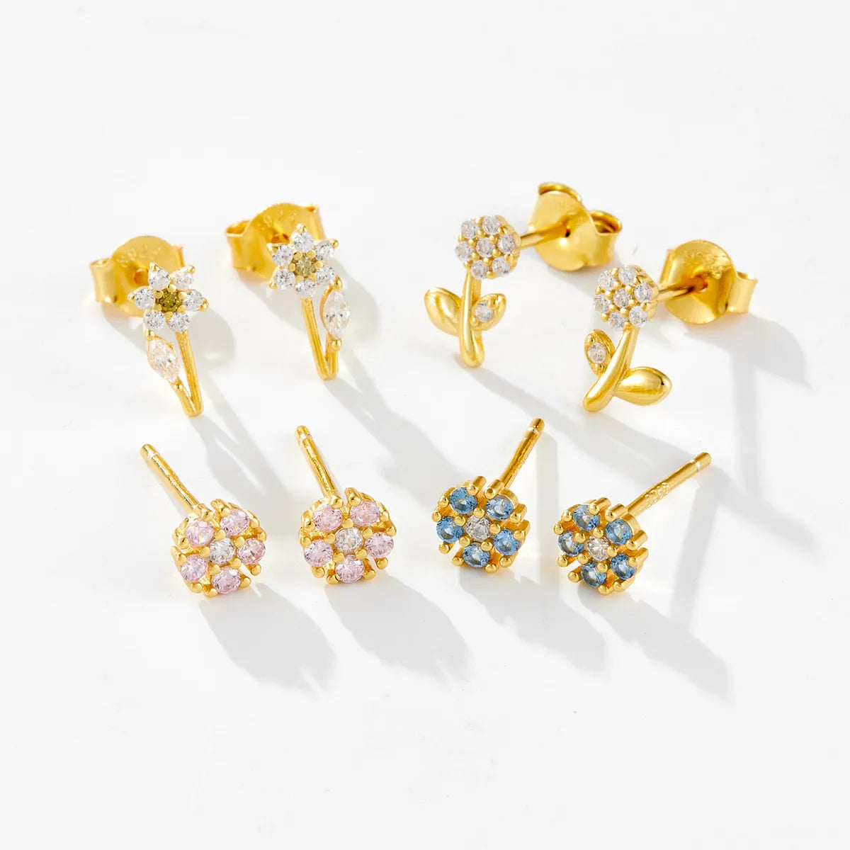 1 Pair IG Style Shiny Flower Plating Inlay Sterling Silver Zircon 18K Gold Plated Ear Studs