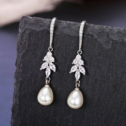 1 Pair Ig Style Shiny Leaves Inlay Copper Pearl Zircon Drop Earrings