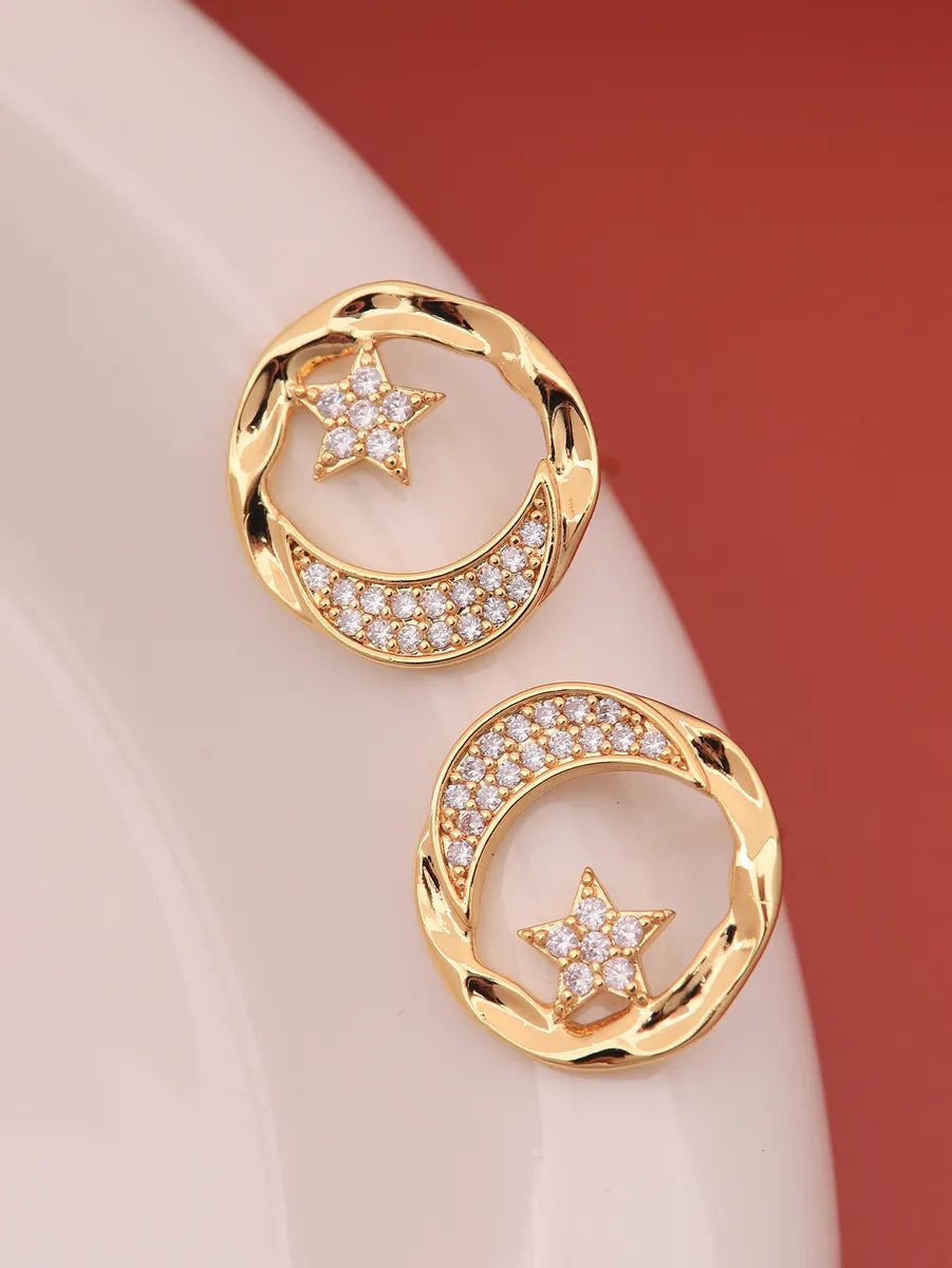 1 Pair Ig Style Shiny Star Moon Plating Inlay Brass Zircon 18k Gold Plated Ear Studs