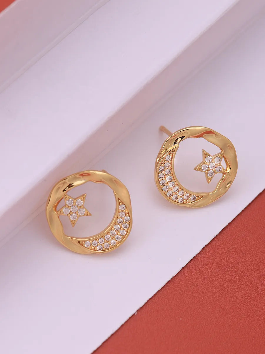 1 Pair Ig Style Shiny Star Moon Plating Inlay Brass Zircon 18k Gold Plated Ear Studs