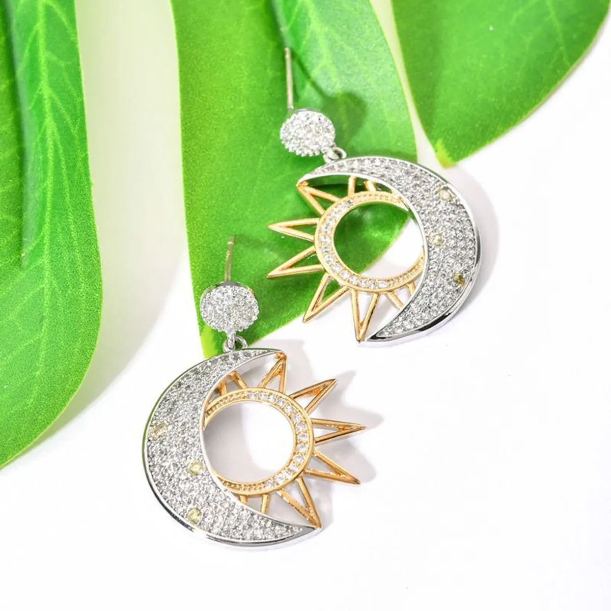 1 Pair Ig Style Shiny Sun Moon Plating Inlay Copper Zircon 18k Gold Plated White Gold Plated Drop Earrings