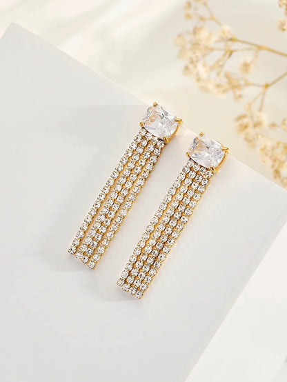 1 Pair Ig Style Shiny Tassel Rectangle Plating Inlay Stainless Steel Zircon 18k Gold Plated Drop Earrings