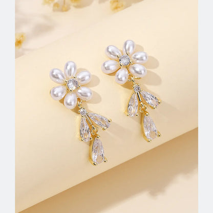 1 Pair Ig Style Shiny Water Droplets Flower Plating Inlay Copper Artificial Pearls Zircon 18k Gold Plated Drop Earrings