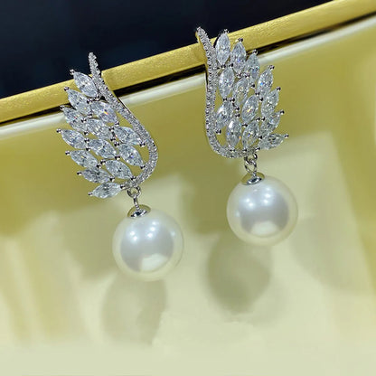 1 Pair Ig Style Shiny Wings Plating Inlay Copper Artificial Pearls Zircon Drop Earrings