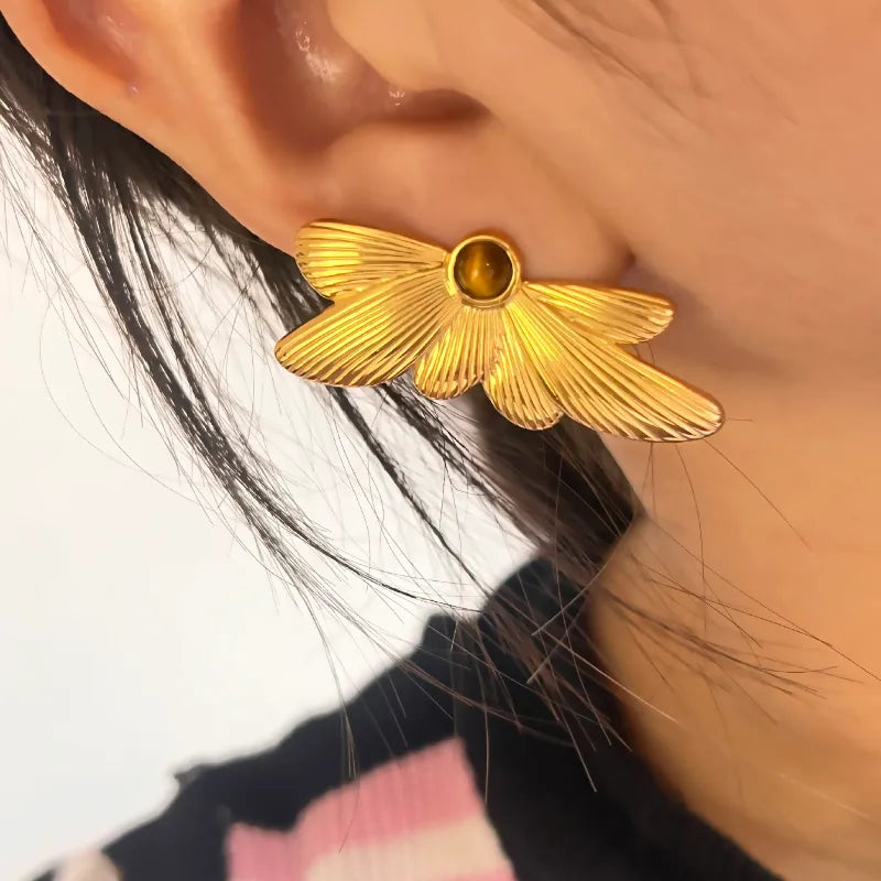 1 Pair IG Style Simple Style Butterfly Plating Inlay 304 Stainless Steel Natural Stone 18K Gold Plated Ear Studs