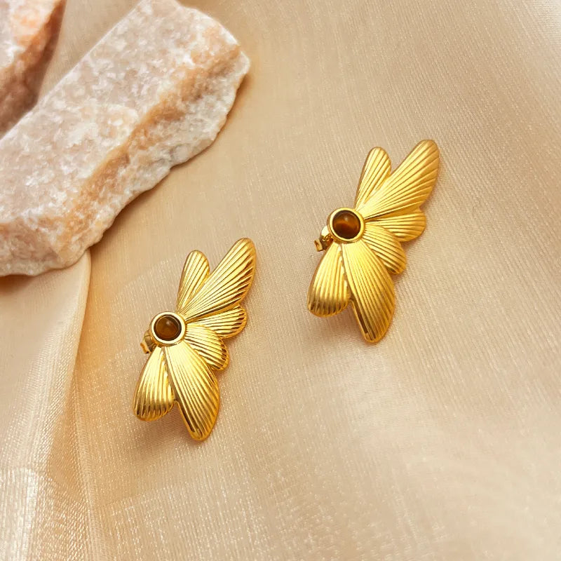 1 Pair IG Style Simple Style Butterfly Plating Inlay 304 Stainless Steel Natural Stone 18K Gold Plated Ear Studs