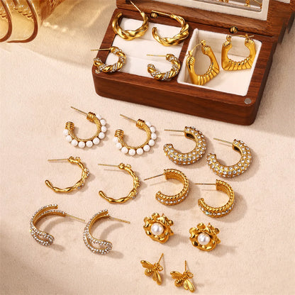 1 Pair IG Style Simple Style C Shape Flower Bee Plating Inlay 304 Stainless Steel Pearl Zircon Earrings Ear Studs