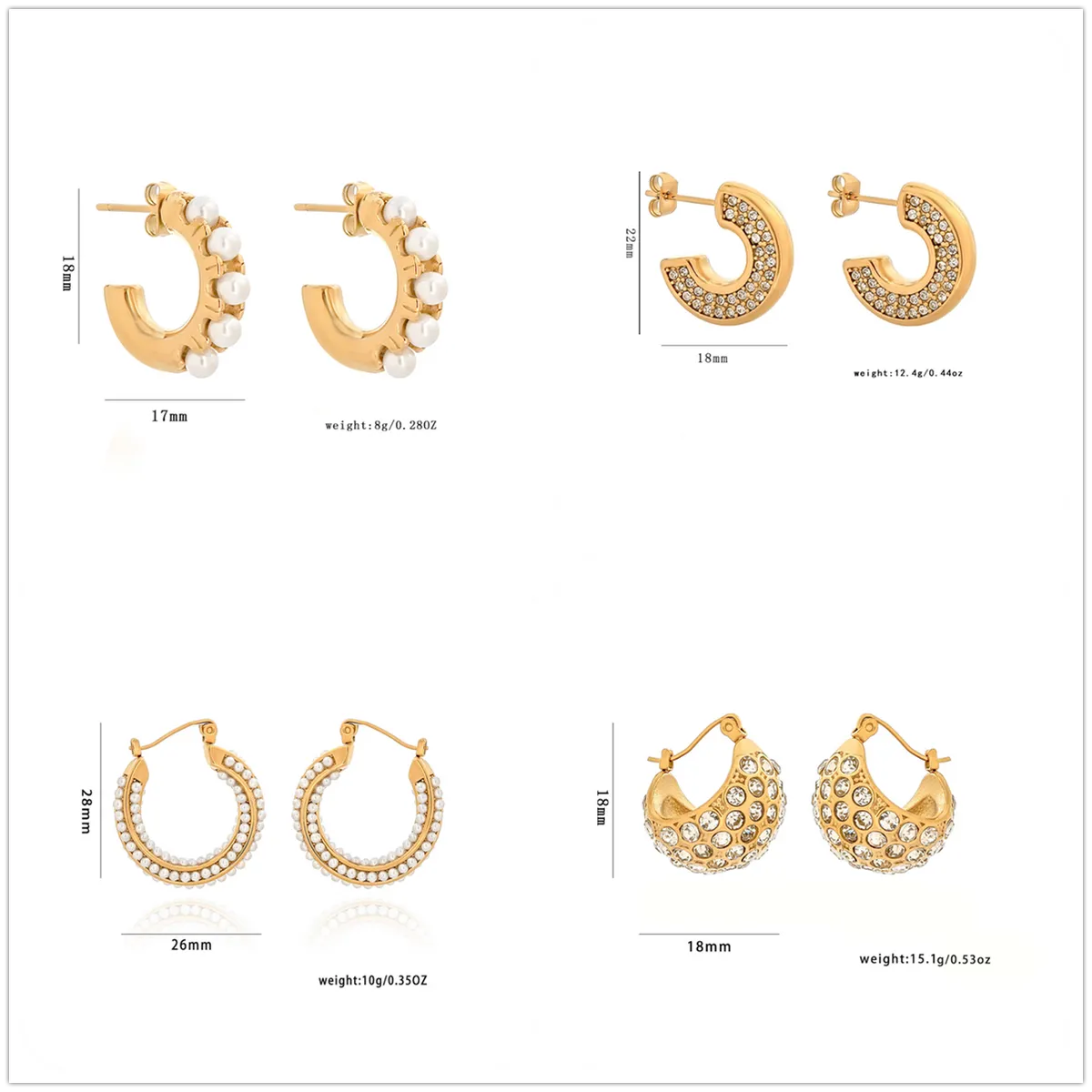 1 Pair IG Style Simple Style C Shape Geometric Plating Inlay 304 Stainless Steel Artificial Pearls Zircon 18K Gold Plated Earrings