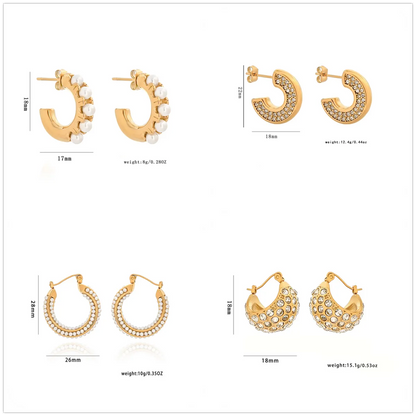 1 Pair IG Style Simple Style C Shape Geometric Plating Inlay 304 Stainless Steel Artificial Pearls Zircon 18K Gold Plated Earrings