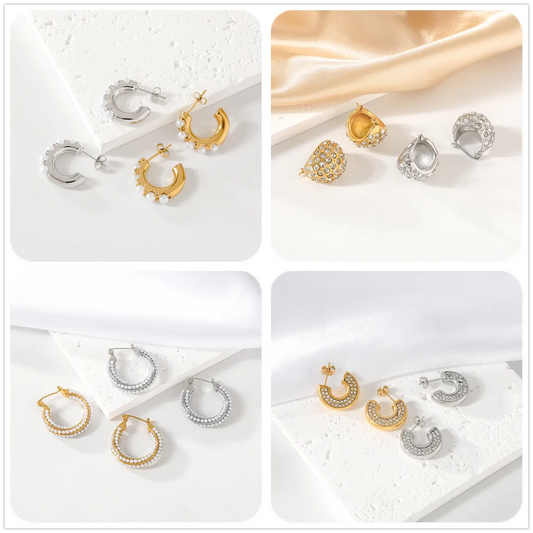 1 Pair IG Style Simple Style C Shape Geometric Plating Inlay 304 Stainless Steel Artificial Pearls Zircon 18K Gold Plated Earrings