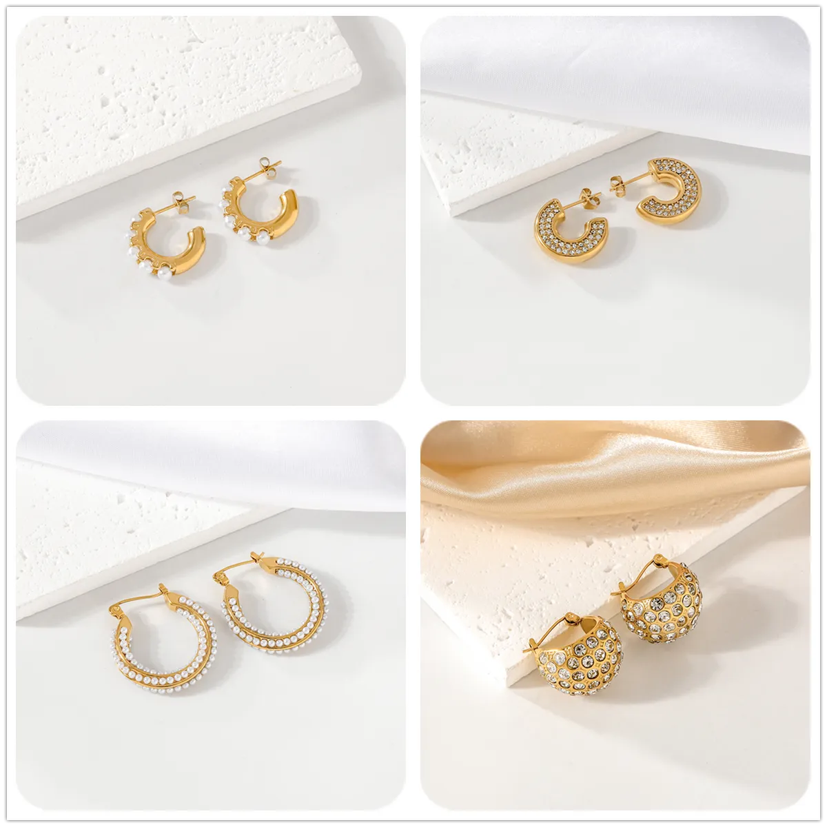 1 Pair IG Style Simple Style C Shape Geometric Plating Inlay 304 Stainless Steel Artificial Pearls Zircon 18K Gold Plated Earrings