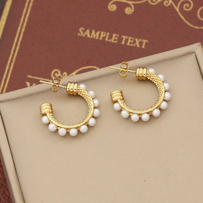 1 Pair IG Style Simple Style C Shape Solid Color Inlay Stainless Steel Artificial Pearls Zircon 18K Gold Plated Ear Studs