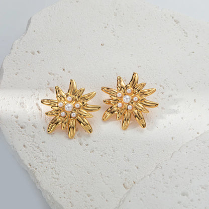 1 Pair IG Style Simple Style Chrysanthemum Inlay 304 Stainless Steel Pearl 14K Gold Plated Ear Studs