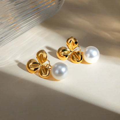 1 Pair IG Style Simple Style Classic Style Shamrock Plating 304 Stainless Steel Imitation Pearl 18K Gold Plated Drop Earrings